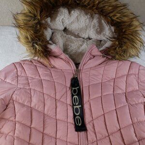 Bebe Puffer Coat with Faux Fur Hood Women's Size S Dusty Rose